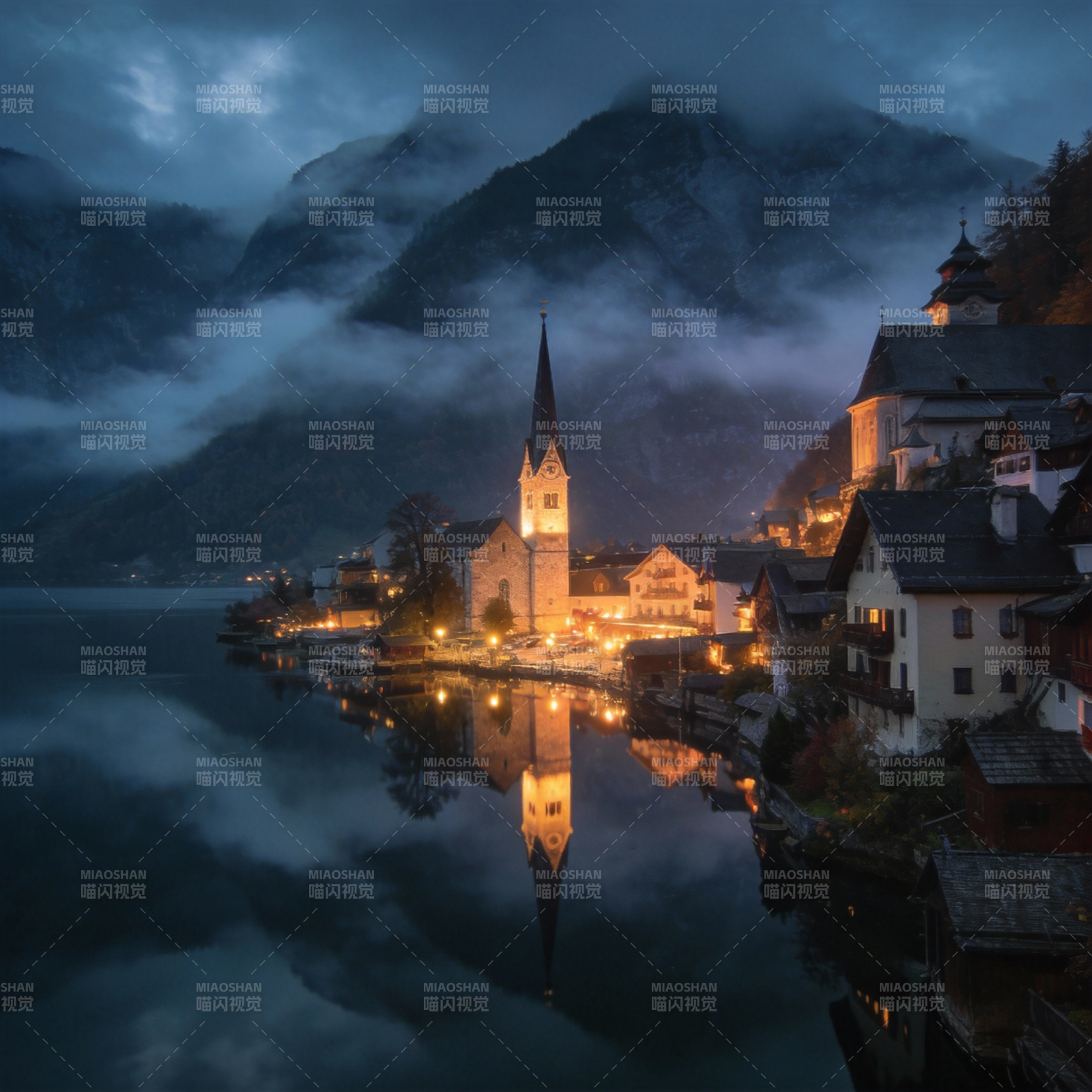 湖畔夜景 山影如梦图片