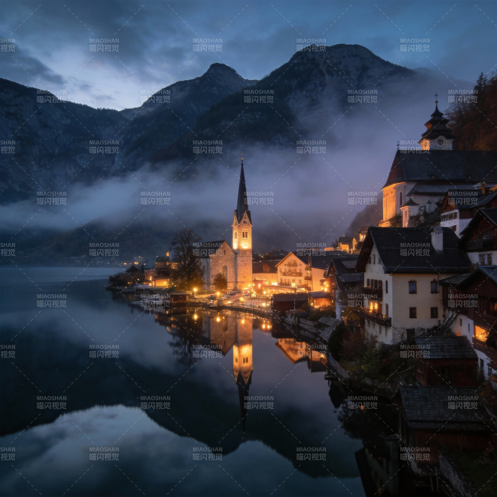 湖畔小镇夜景图片