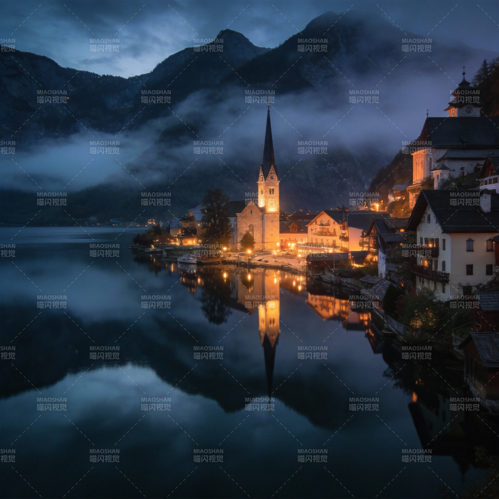 湖畔夜景小镇图片