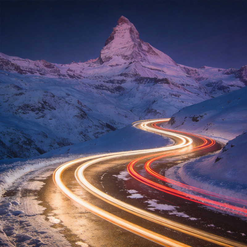 雪峰夜路光影图片