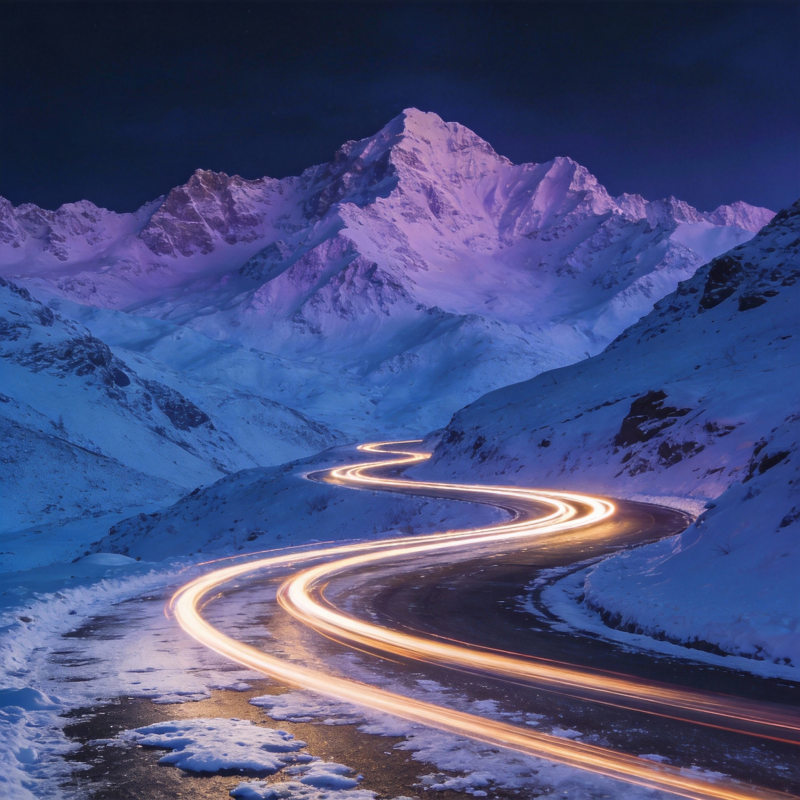 雪夜山路光影图片