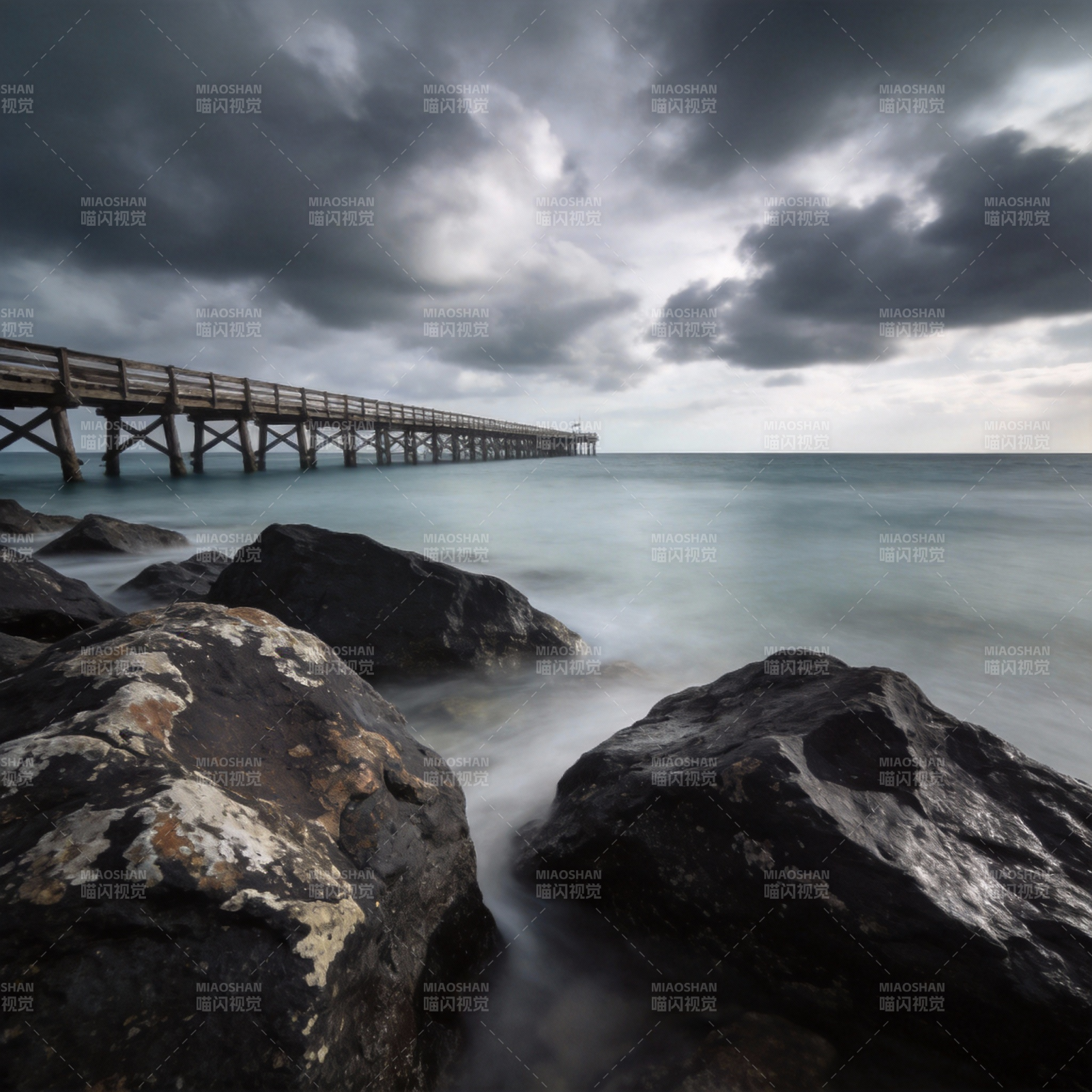 长桥入海 云暗石静图片