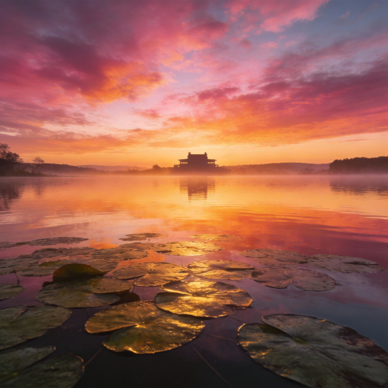 湖畔晨曦映古塔图片