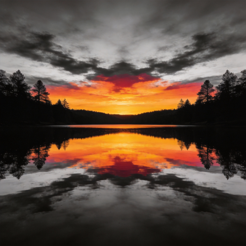 湖畔晚霞映林影图片