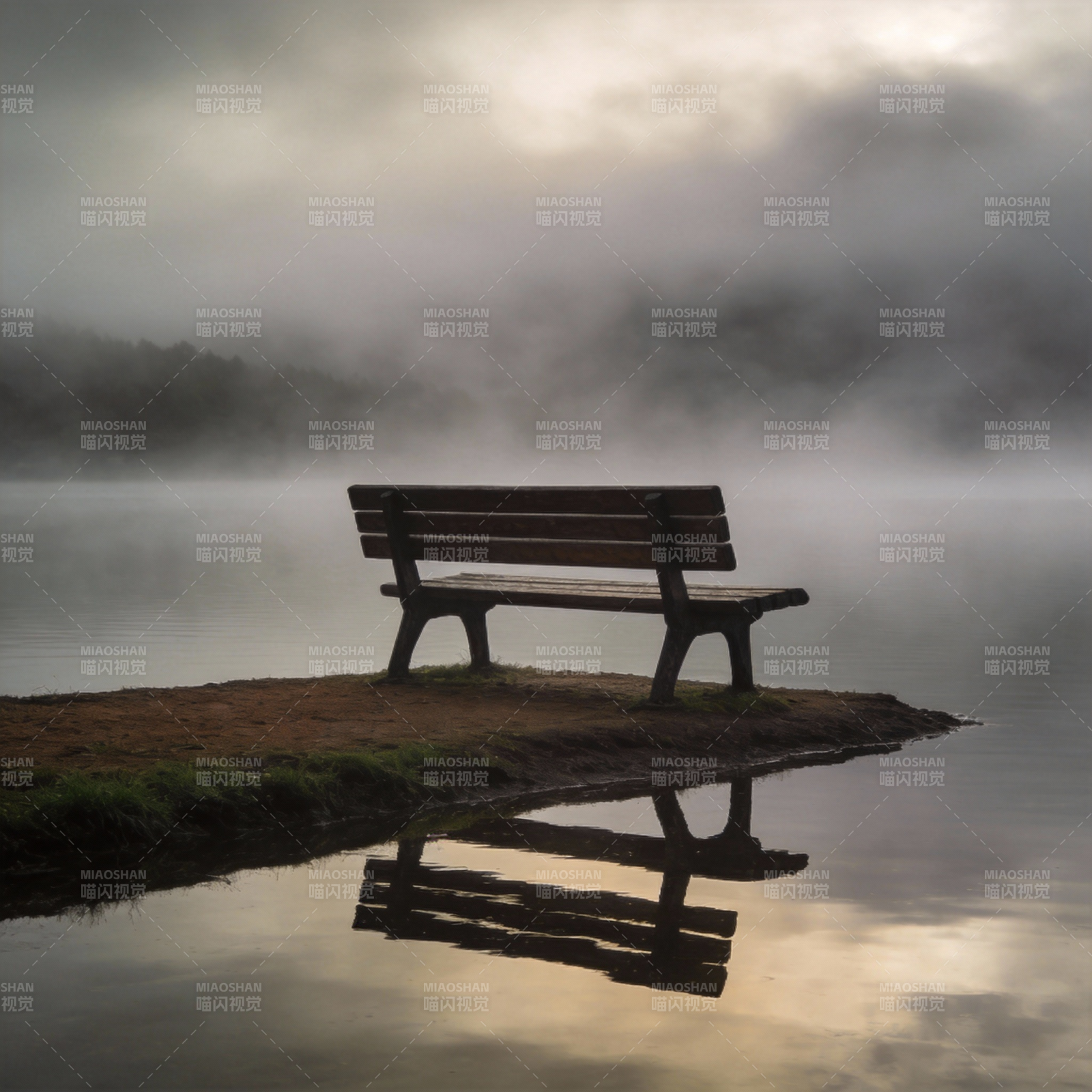 湖畔静坐 雾中倒影图片