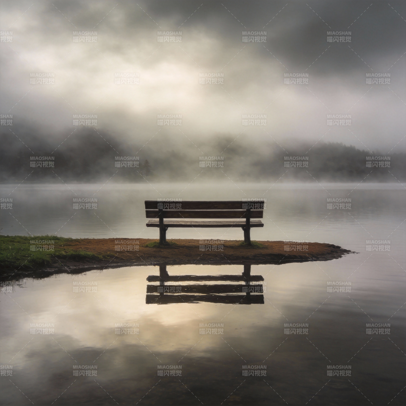 湖畔孤椅静谧景图片