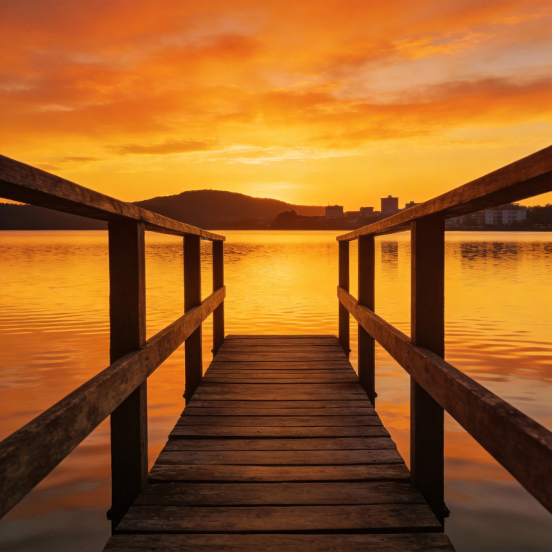 夕阳下的木栈道图片