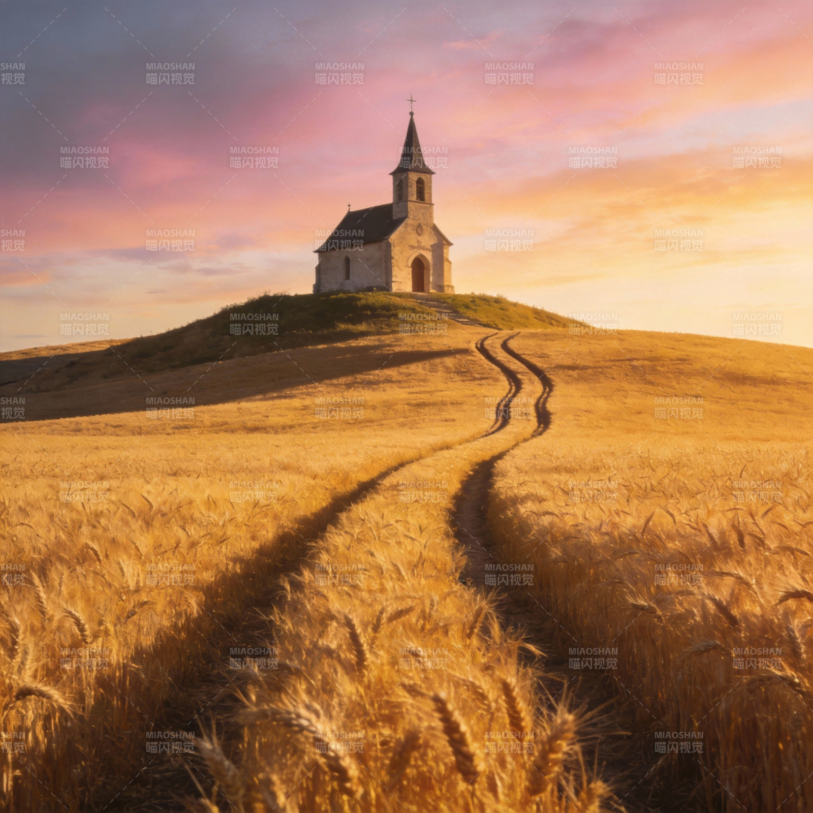 麦田教堂暮色图片