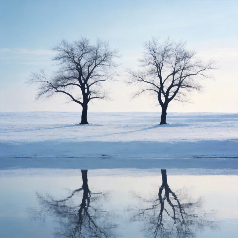 雪原双树倒影图片