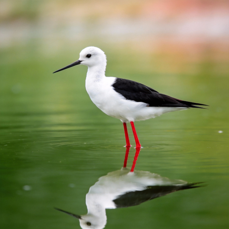 黑翅长脚鹬水中倒影图片