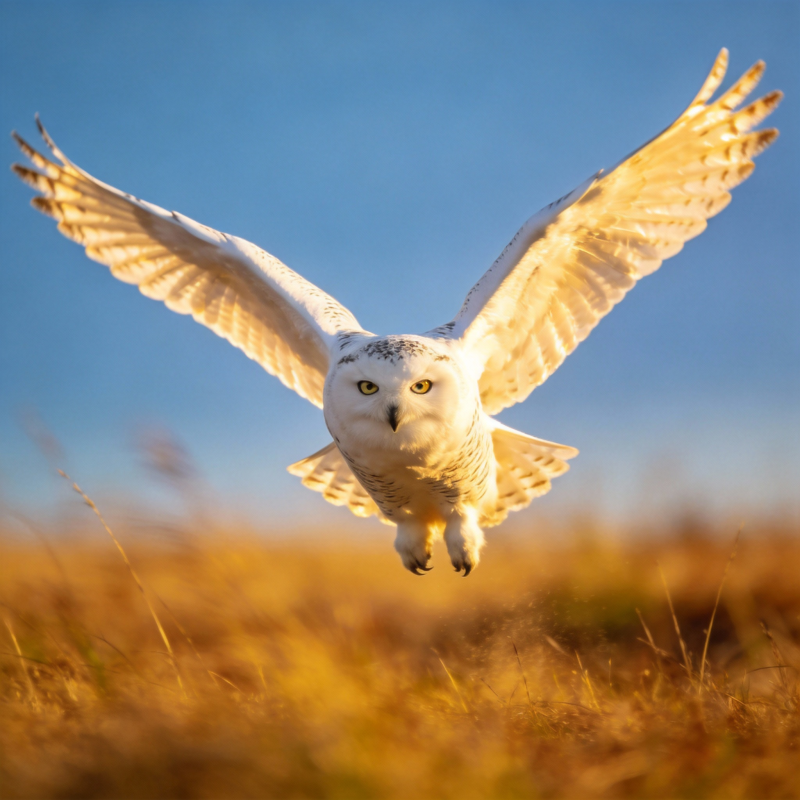 雪鸮翱翔于金野图片