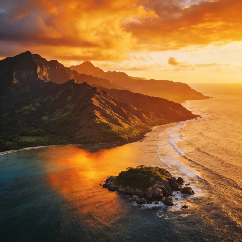 夕阳下的海岸山峦图片