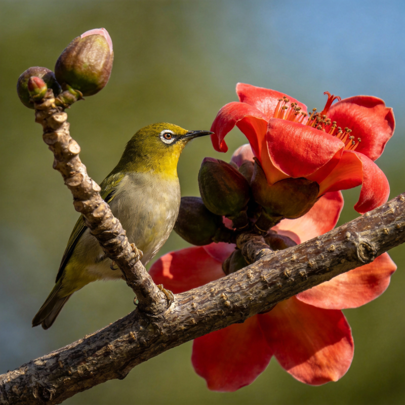 小鸟栖枝赏红花图片