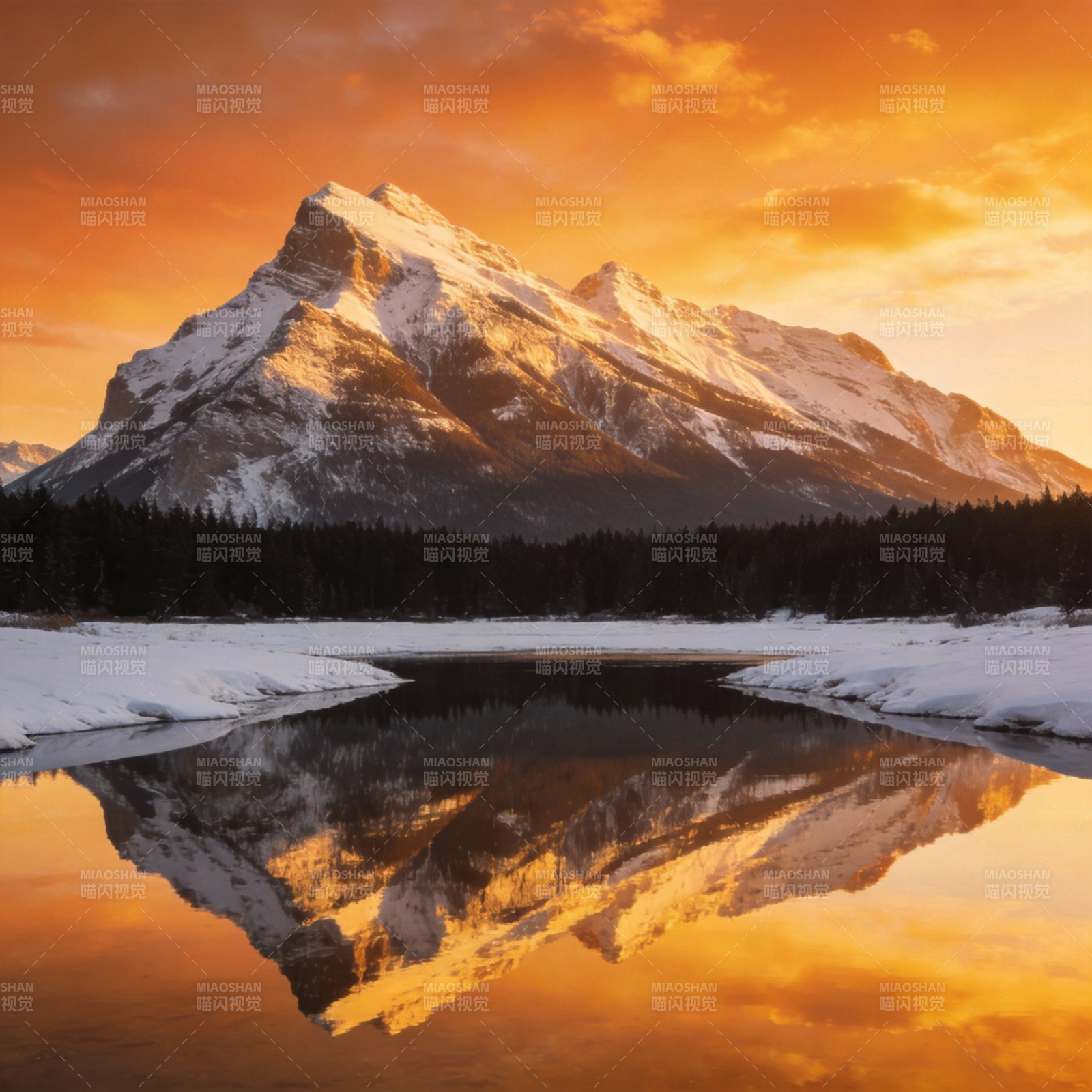 雪山倒影映晚霞图片