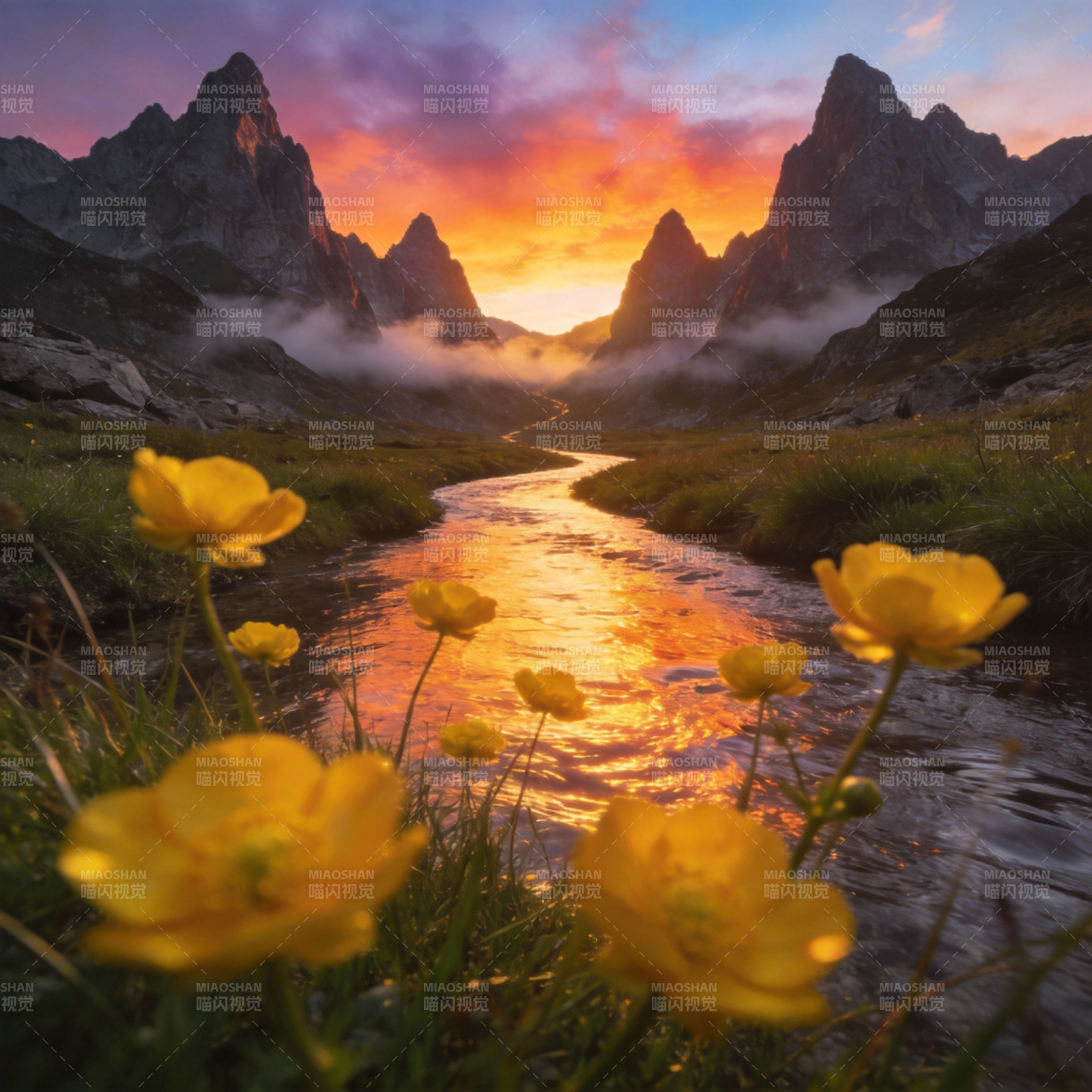 山间花溪日出图片