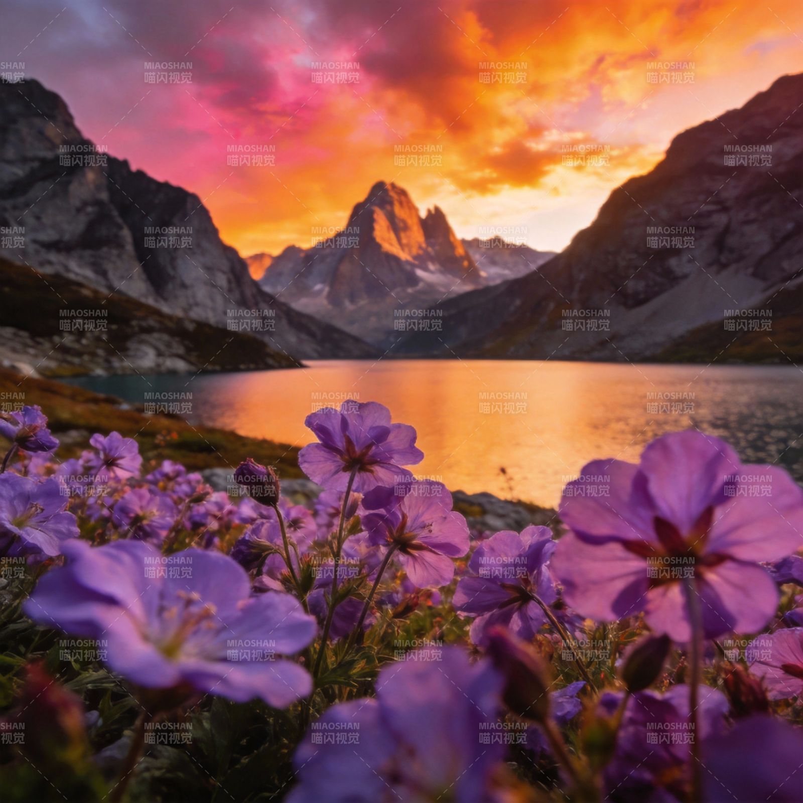 山湖花影夕阳图片