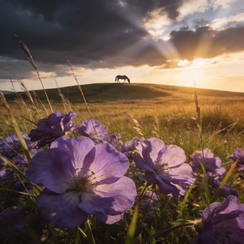 草原落日花影马图片