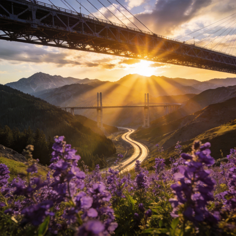 山桥日出花海图片