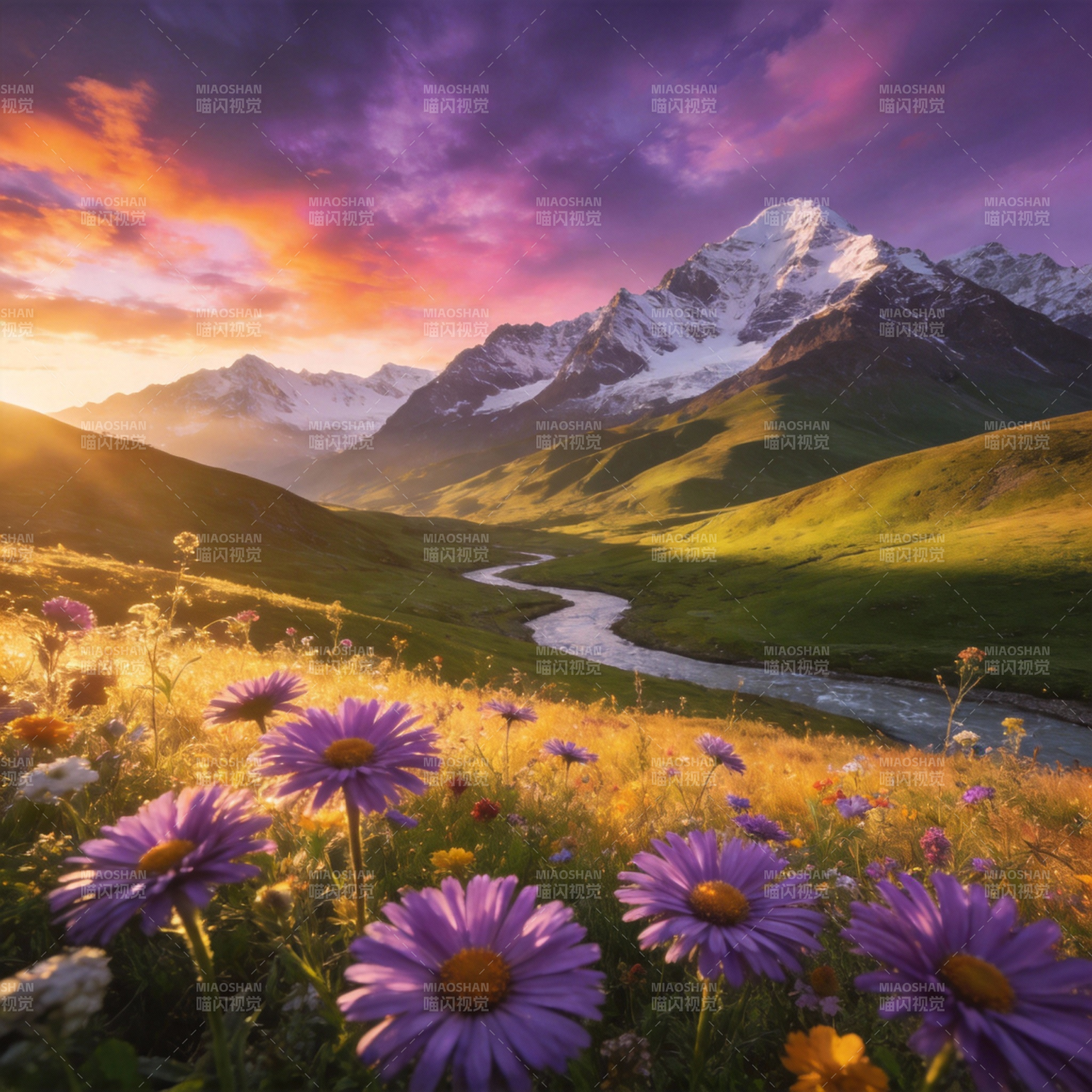 雪山花海日落图片