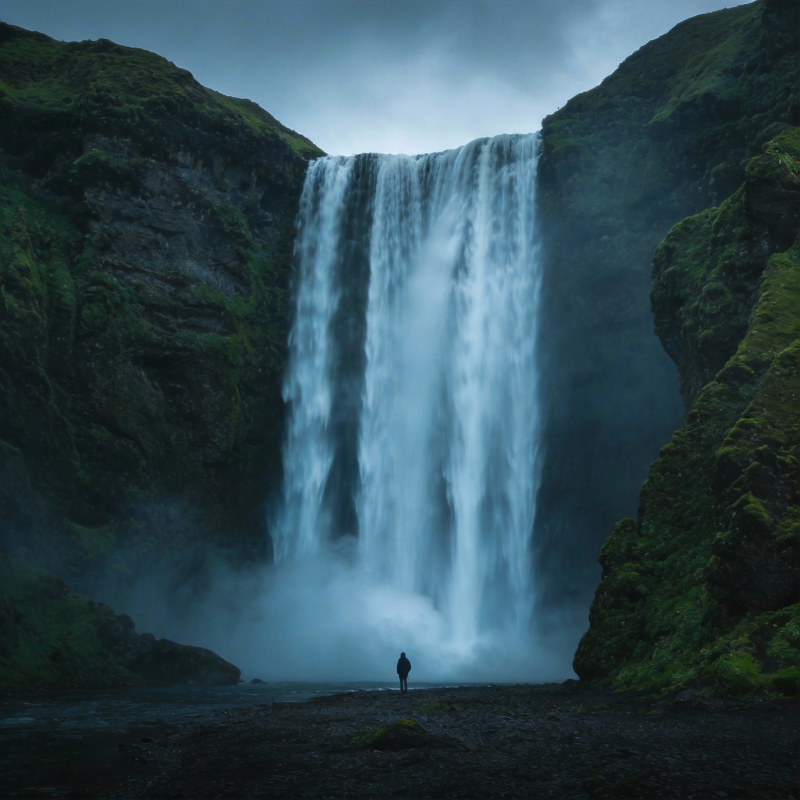 瀑布前的孤影图片
