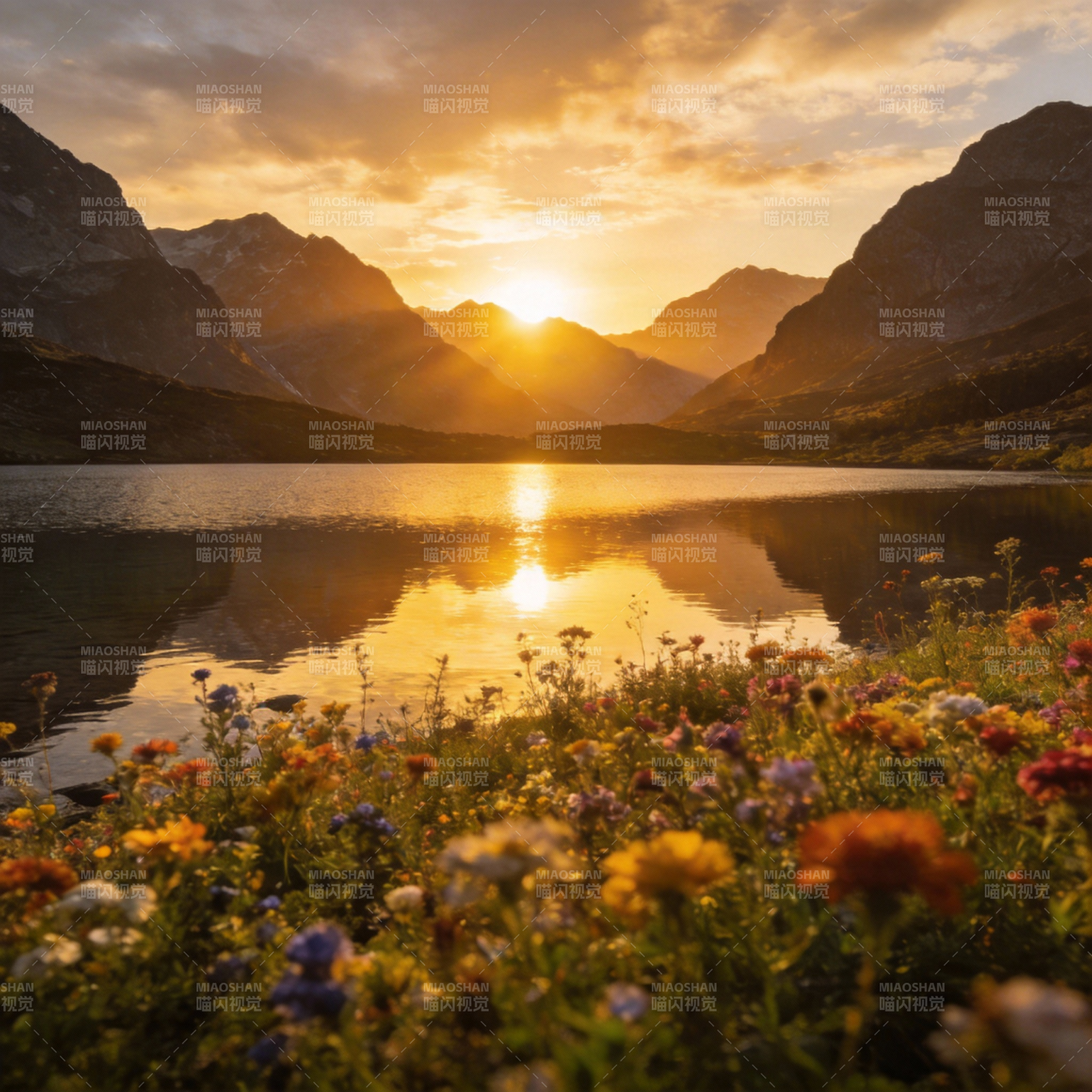 山湖夕照花海图片