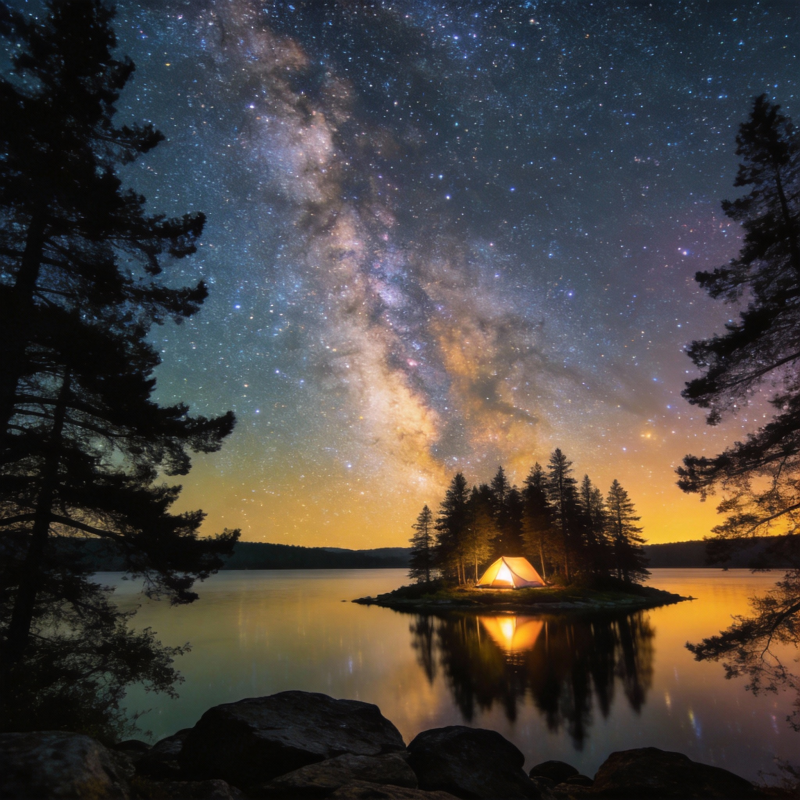 星河下的湖畔露营图片
