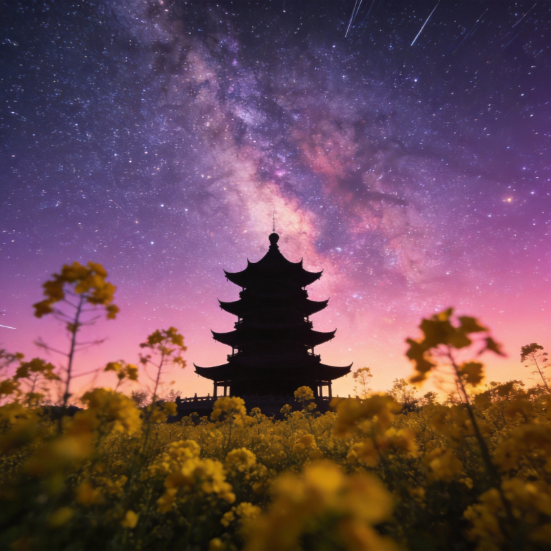 星夜古塔花海图片
