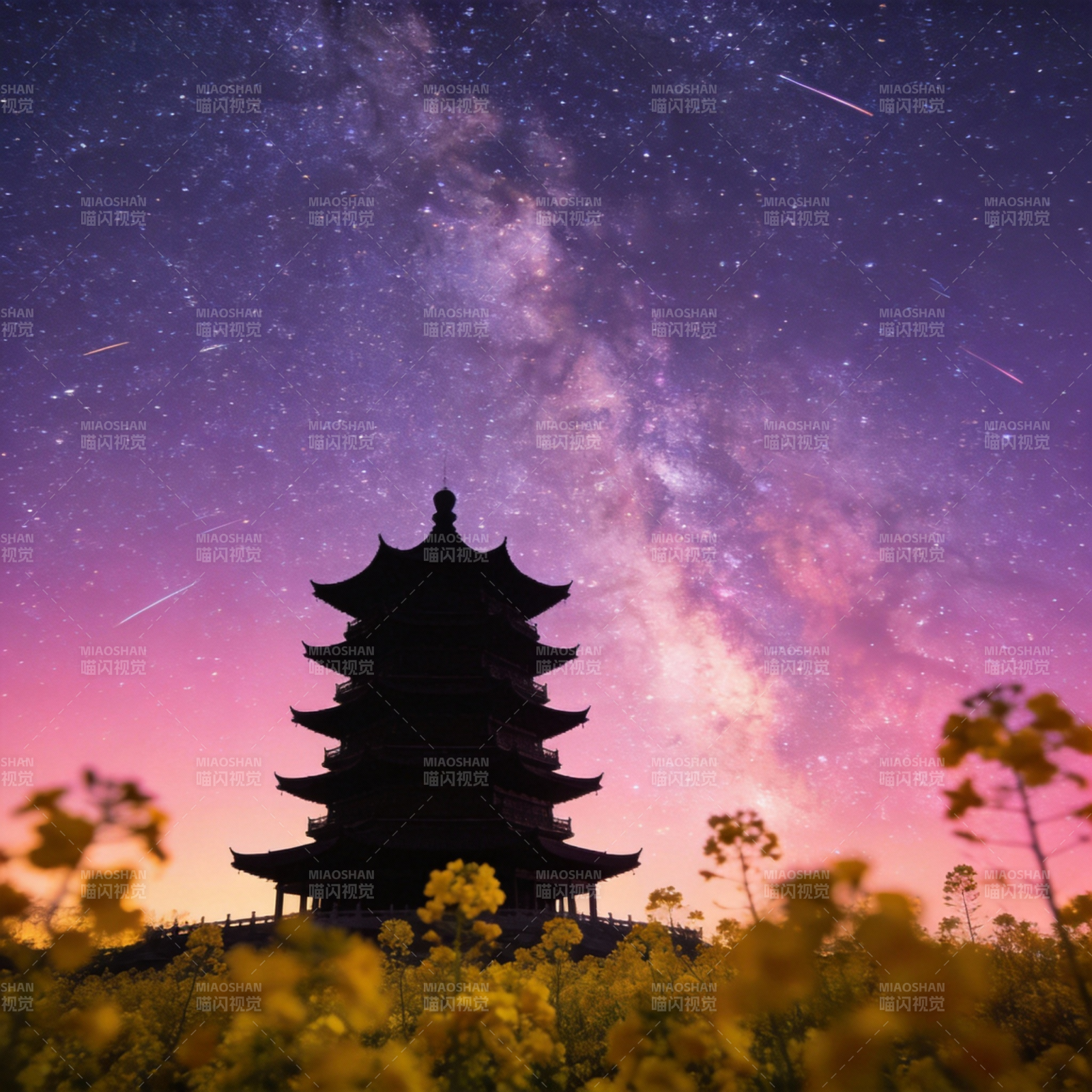 星夜古塔花海图片