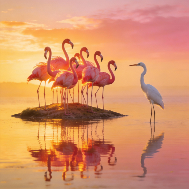 粉红群鸟映晚霞图片