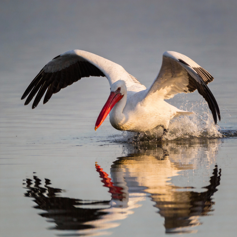 白鹈鹕掠水飞翔图片