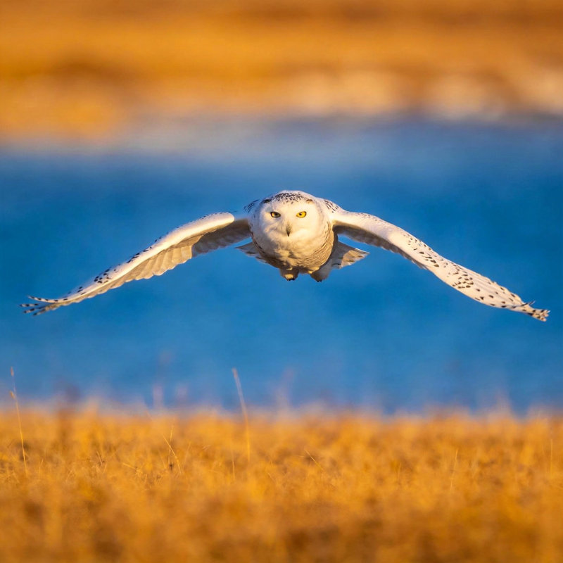 雪鸮翱翔于金野图片