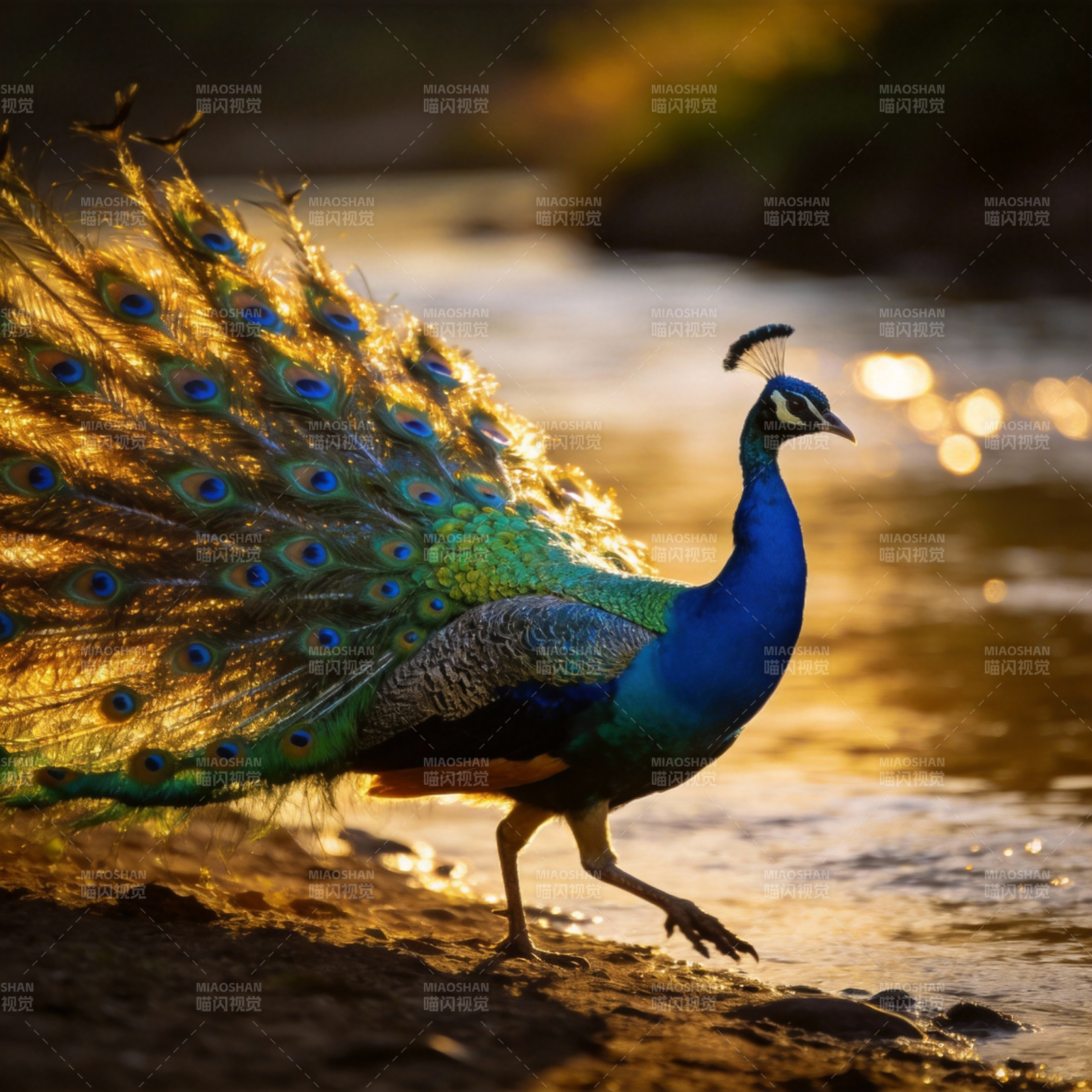 孔雀展翅水边图片