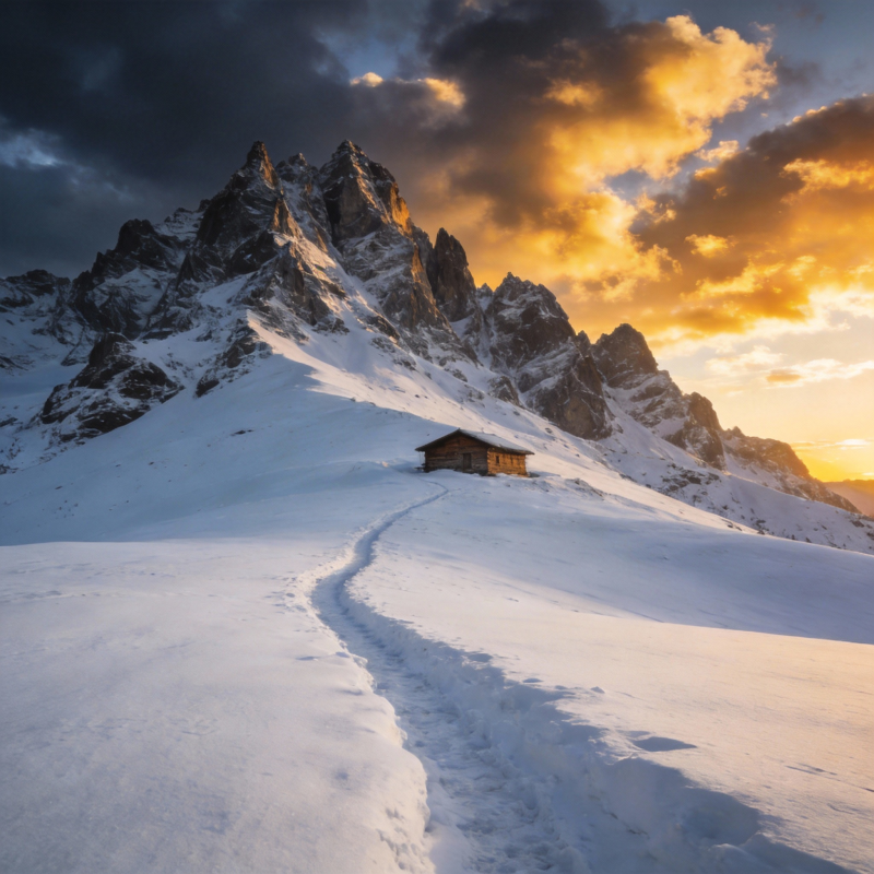 雪峰孤屋夕阳图片