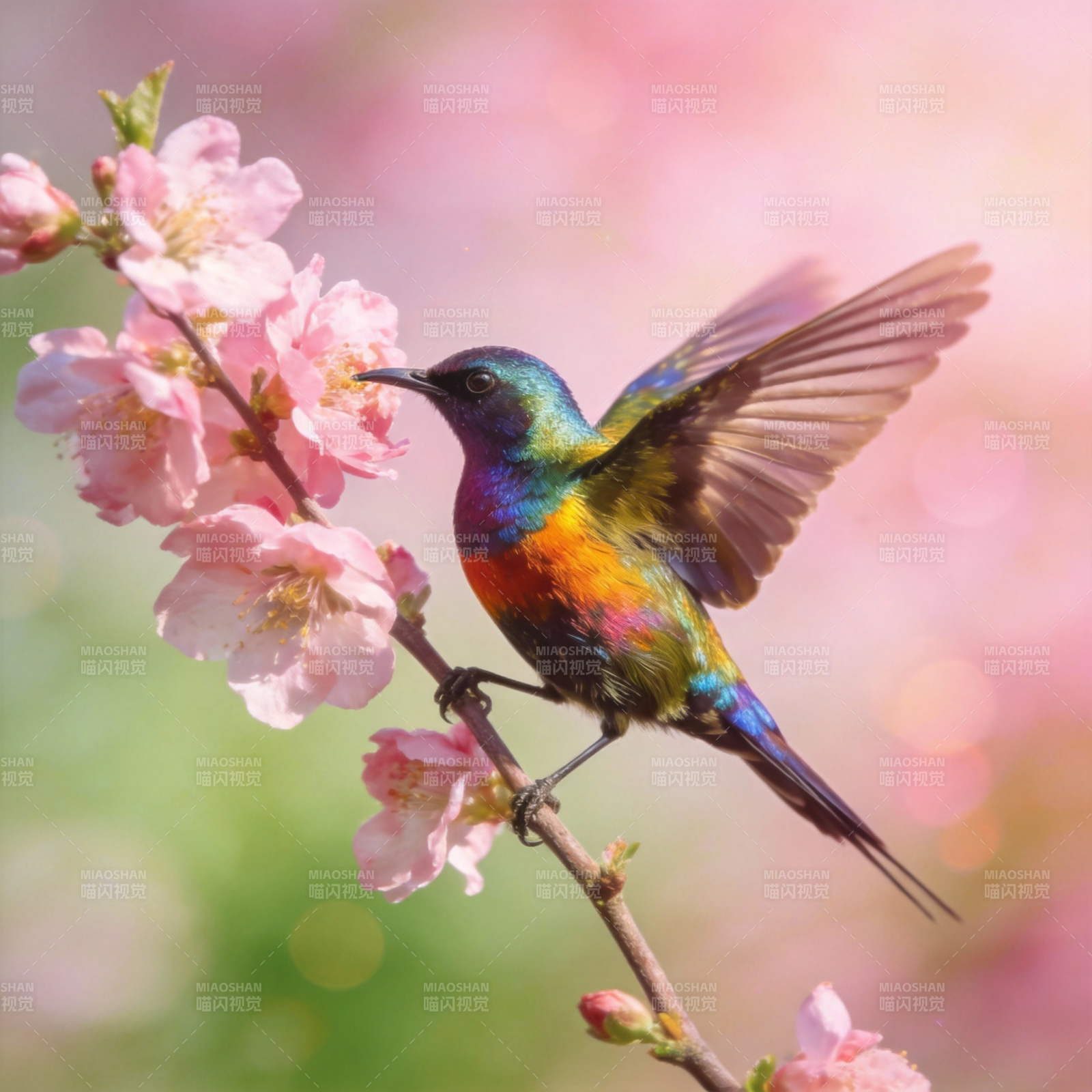 彩鸟栖花枝图片