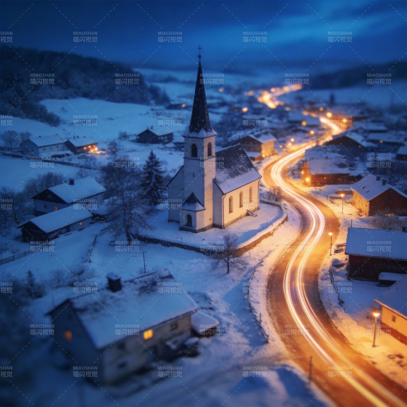 雪夜小镇教堂图片