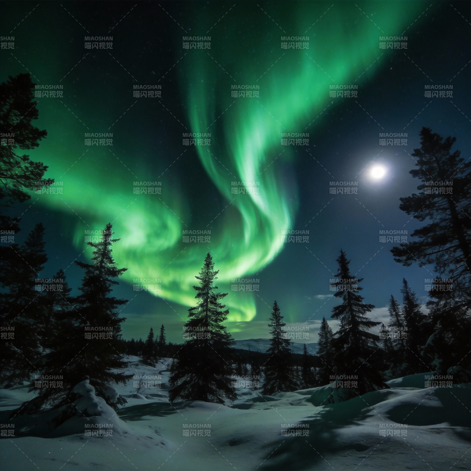 极光映雪夜图片