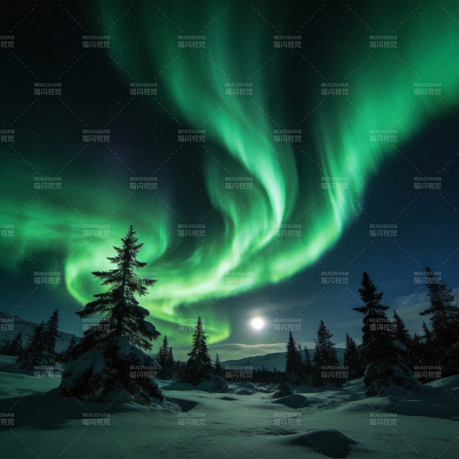 极光映雪夜图片