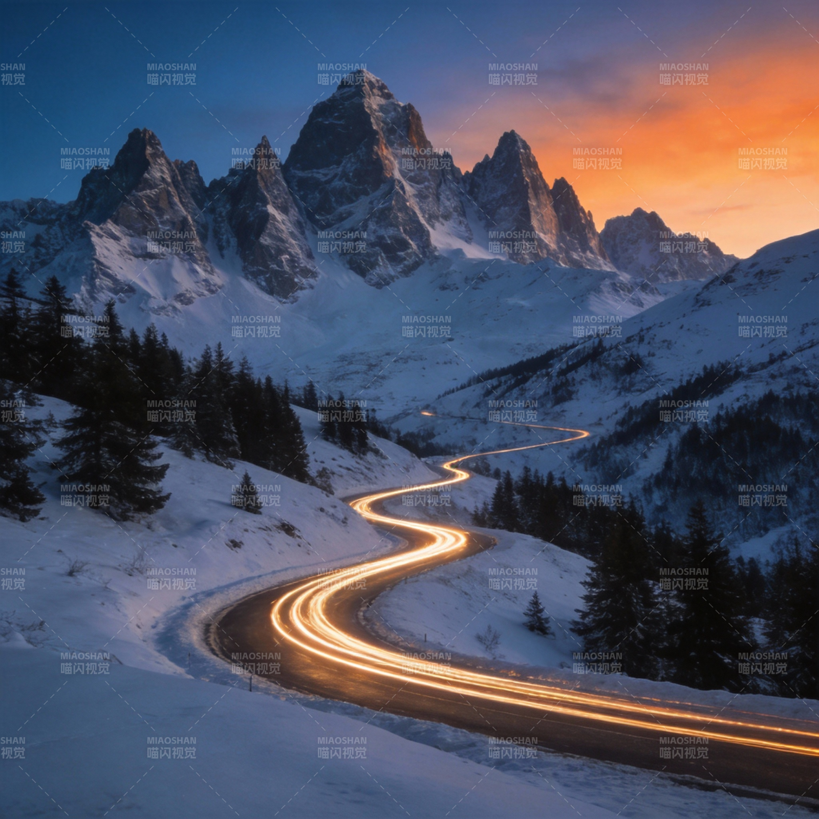 雪岭长路夜光图片