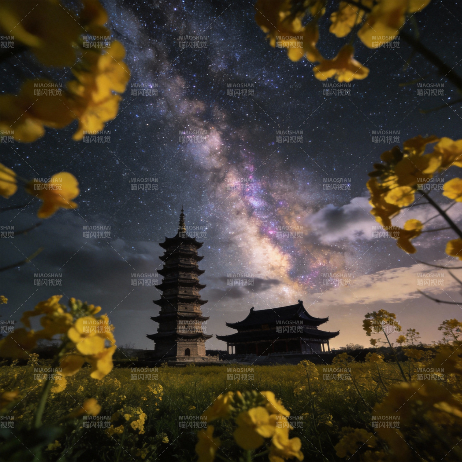 星河塔影花海图片