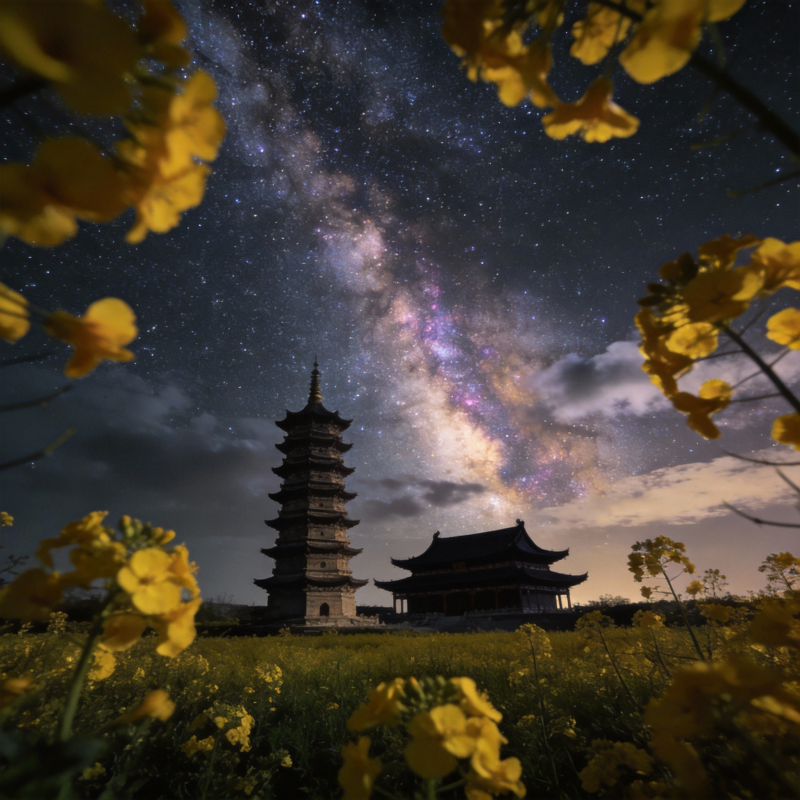 星河塔影花海图片