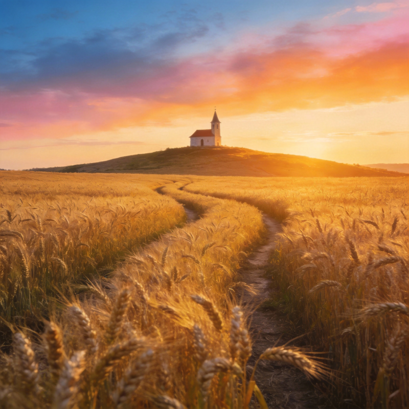 麦田小径夕阳教堂图片