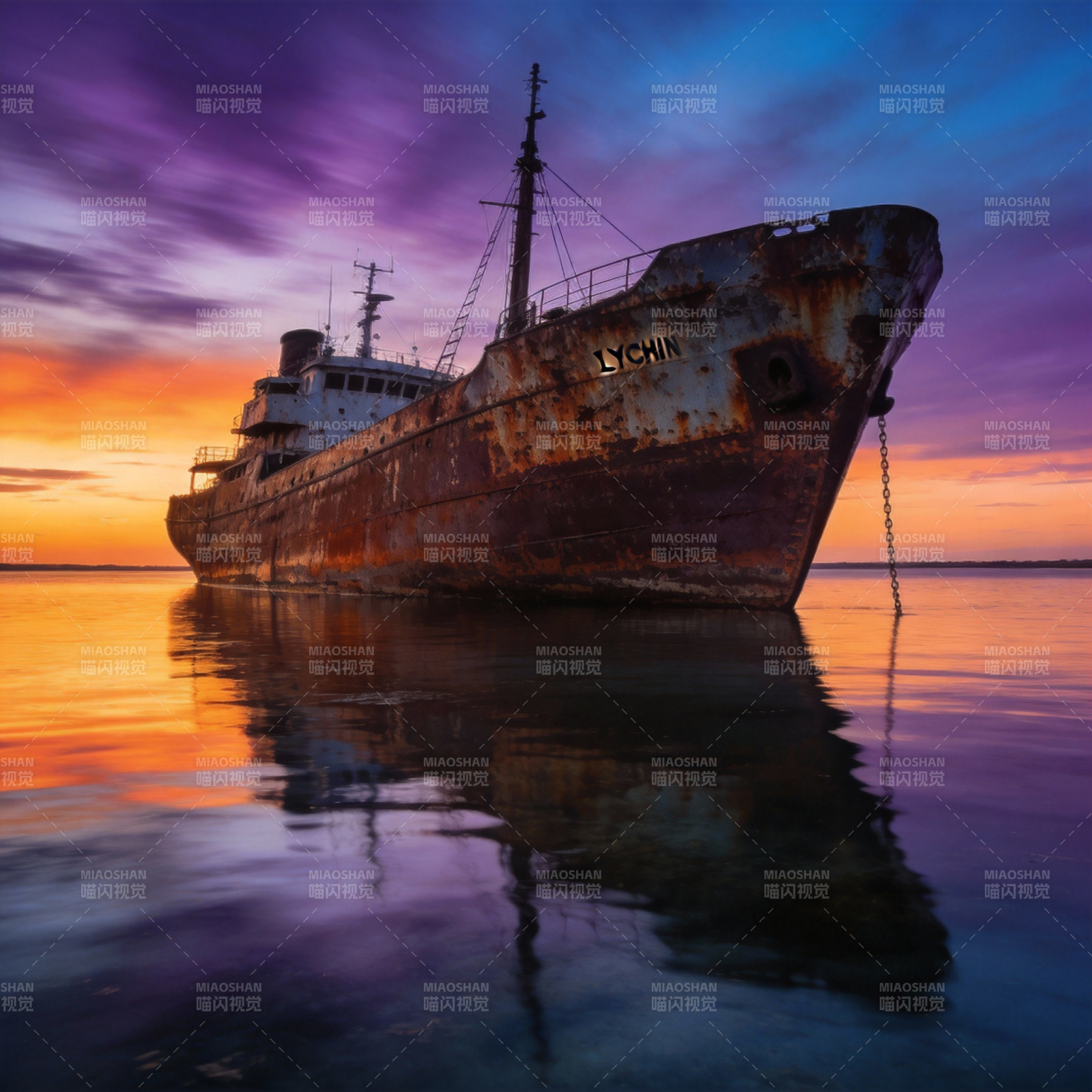 锈船暮色映水图片