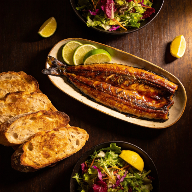 烤鱼配沙拉面包图片