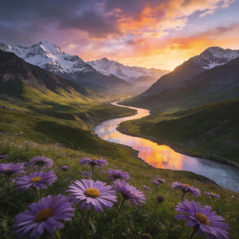 雪山花谷日落图片