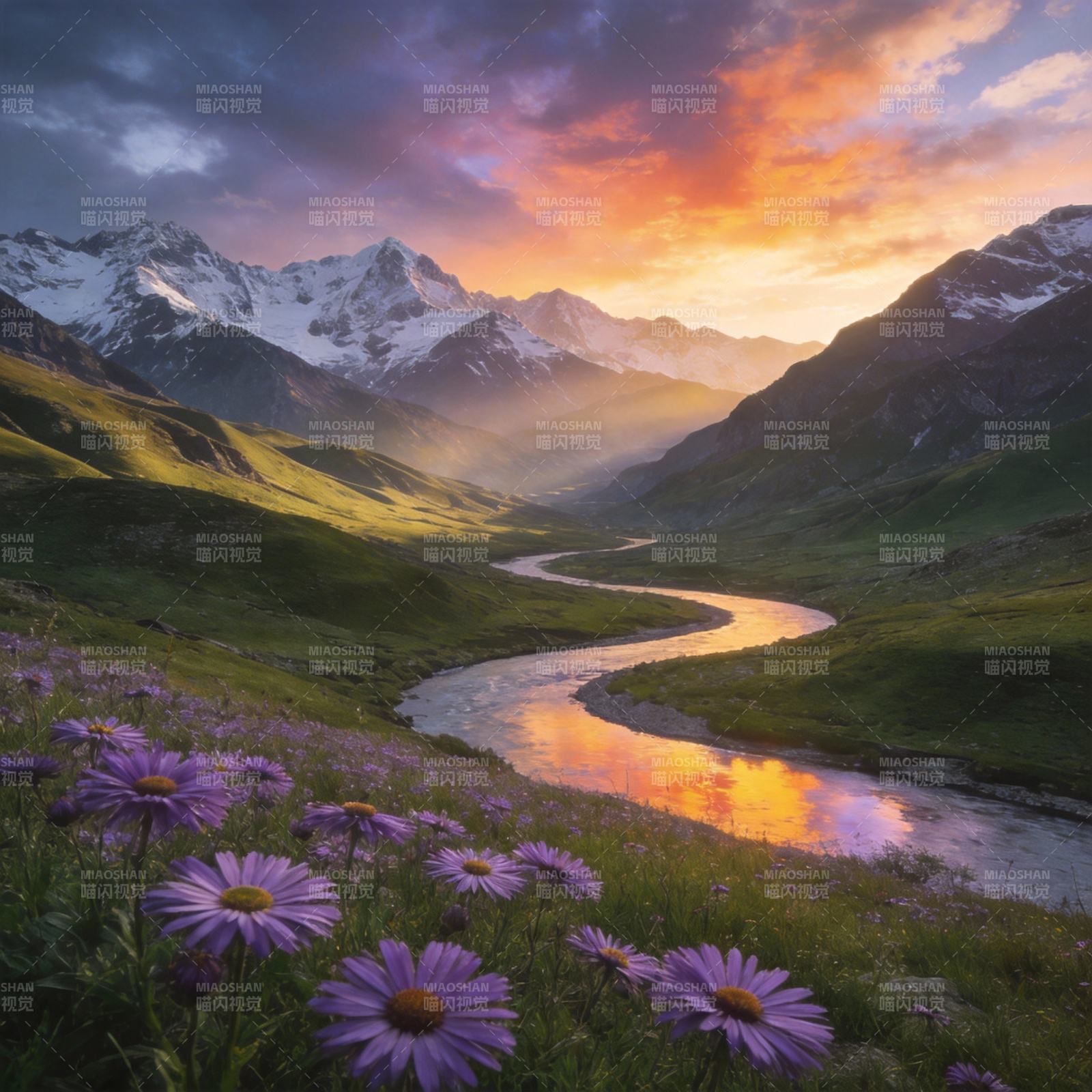 山河暮色花影图片