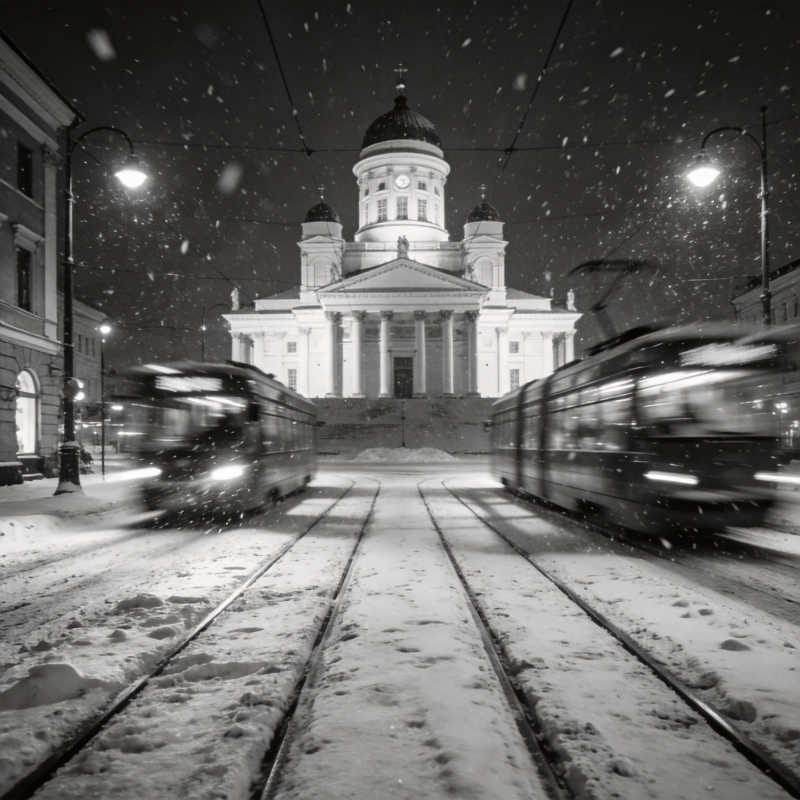 雪夜教堂前电车疾驰图片