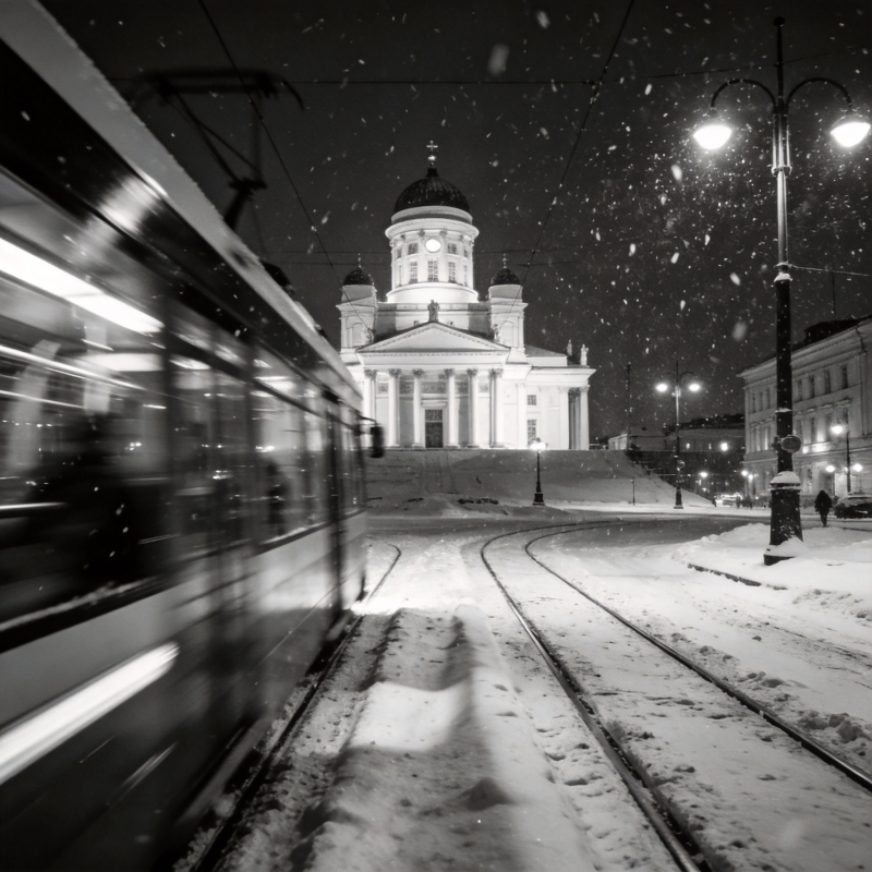雪夜教堂与电车图片