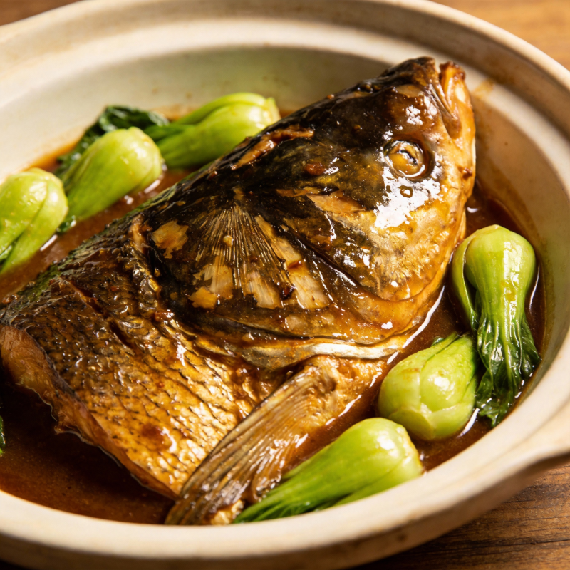 红烧鱼头配青菜图片