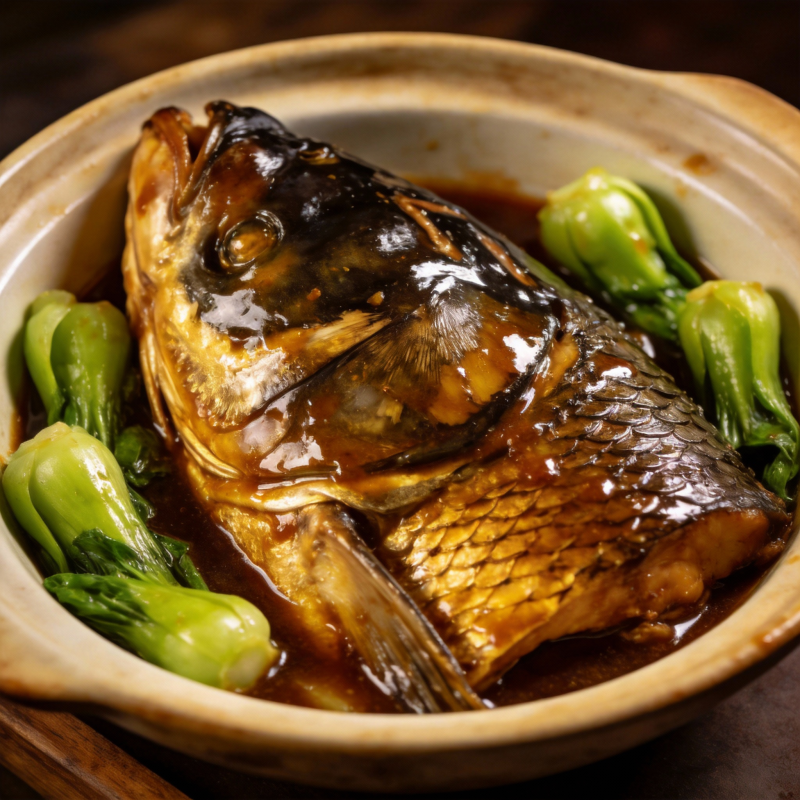 红烧鱼头配青菜图片
