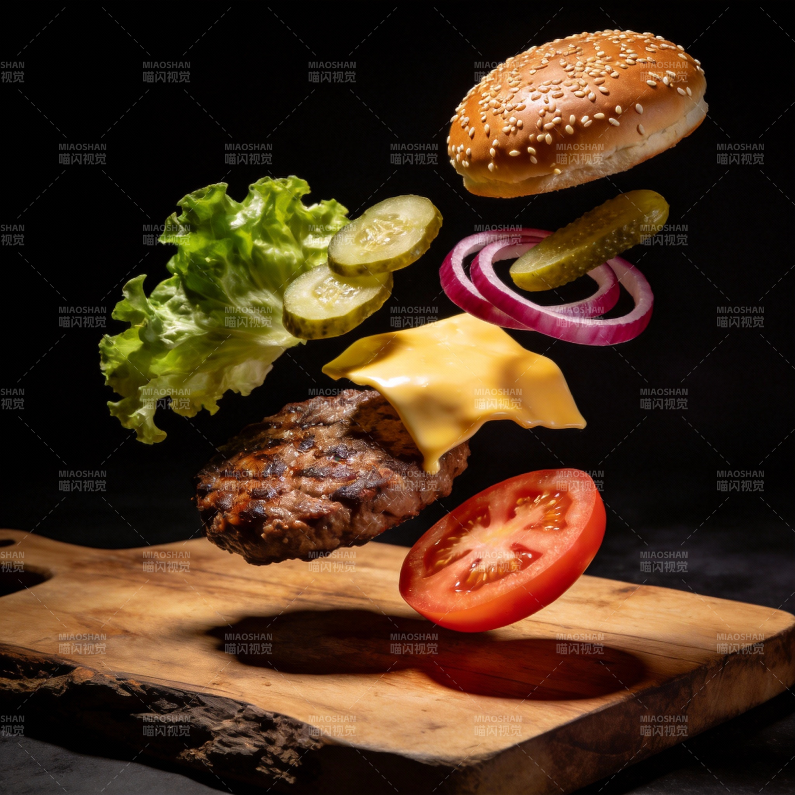 汉堡食材空中飞舞图片
